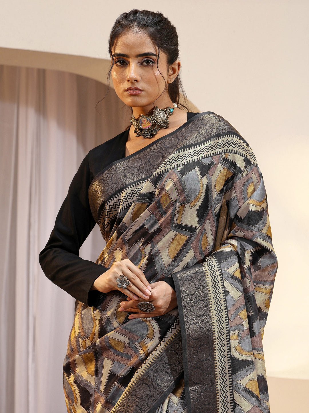 Black Geometric Print Silk Blend Saree