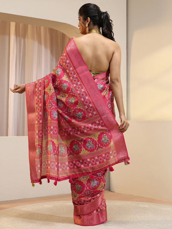 Pink Royal Elephant Print Silk Blend Patola Saree