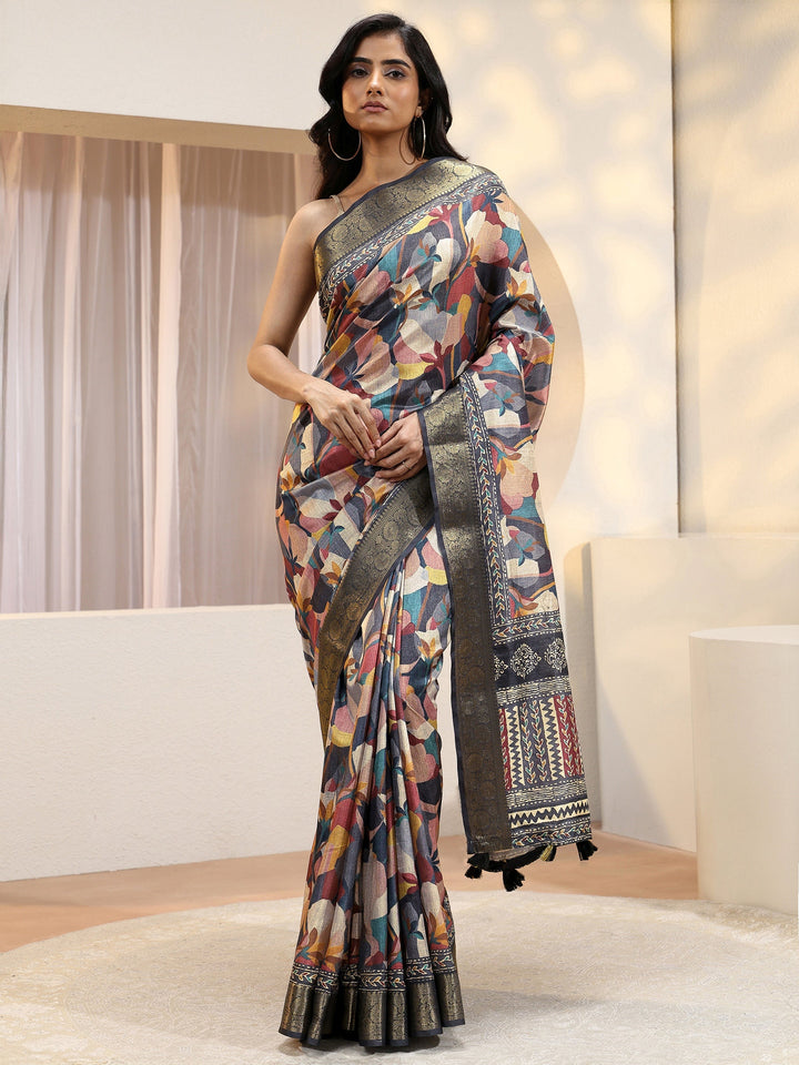 Multicolour Abastract Floral Print Silk Blend Saree