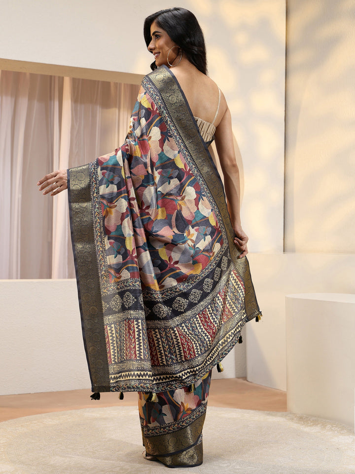 Multicolour Abastract Floral Print Silk Blend Saree