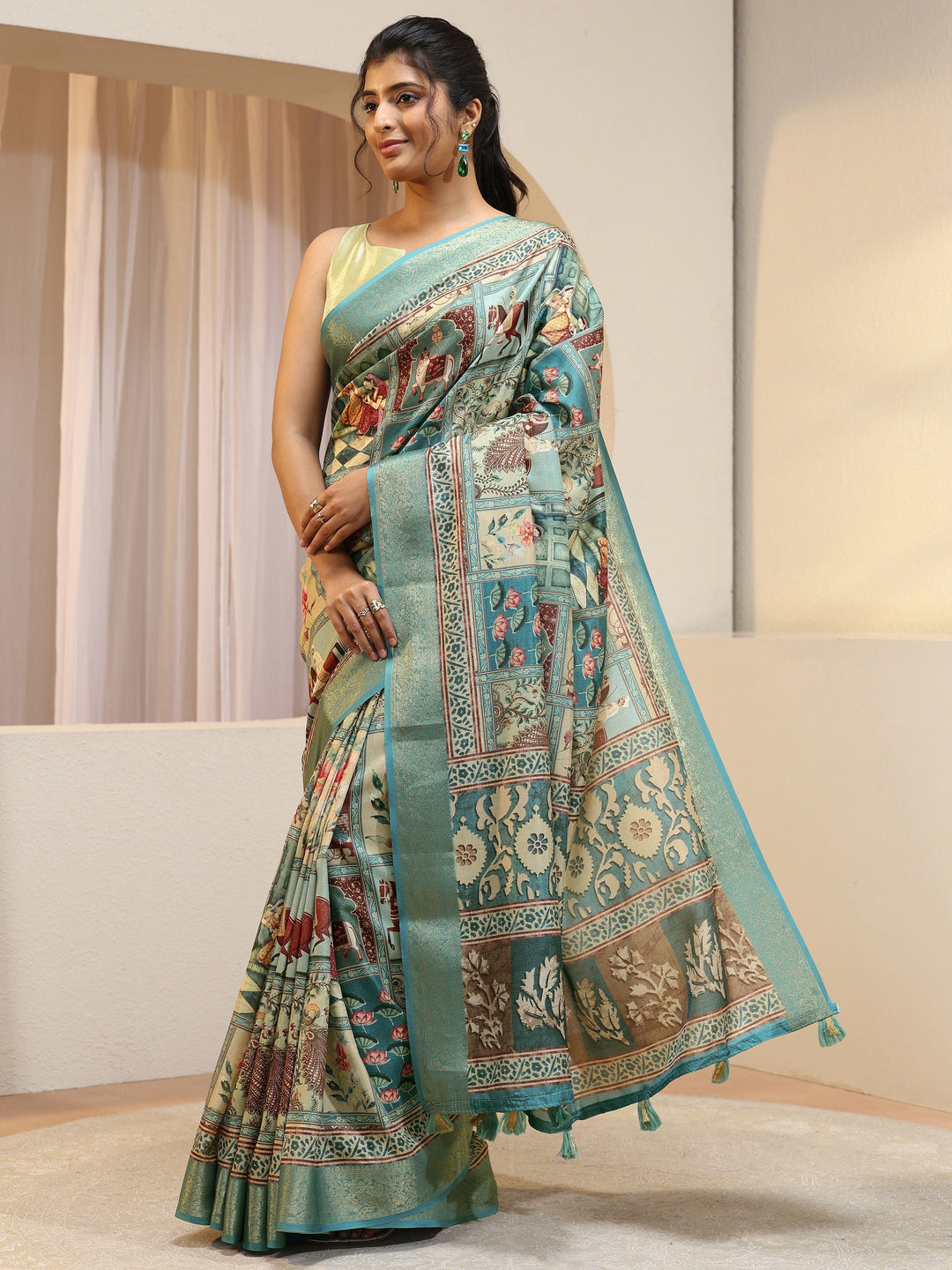 Sea Green Mughal Print Silk Blend Saree