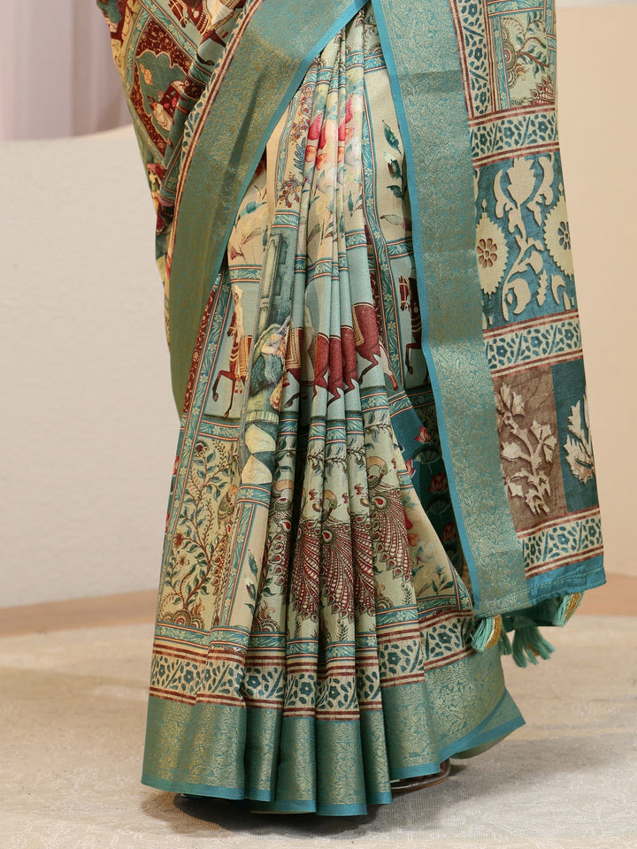 Sea Green Mughal Print Silk Blend Saree