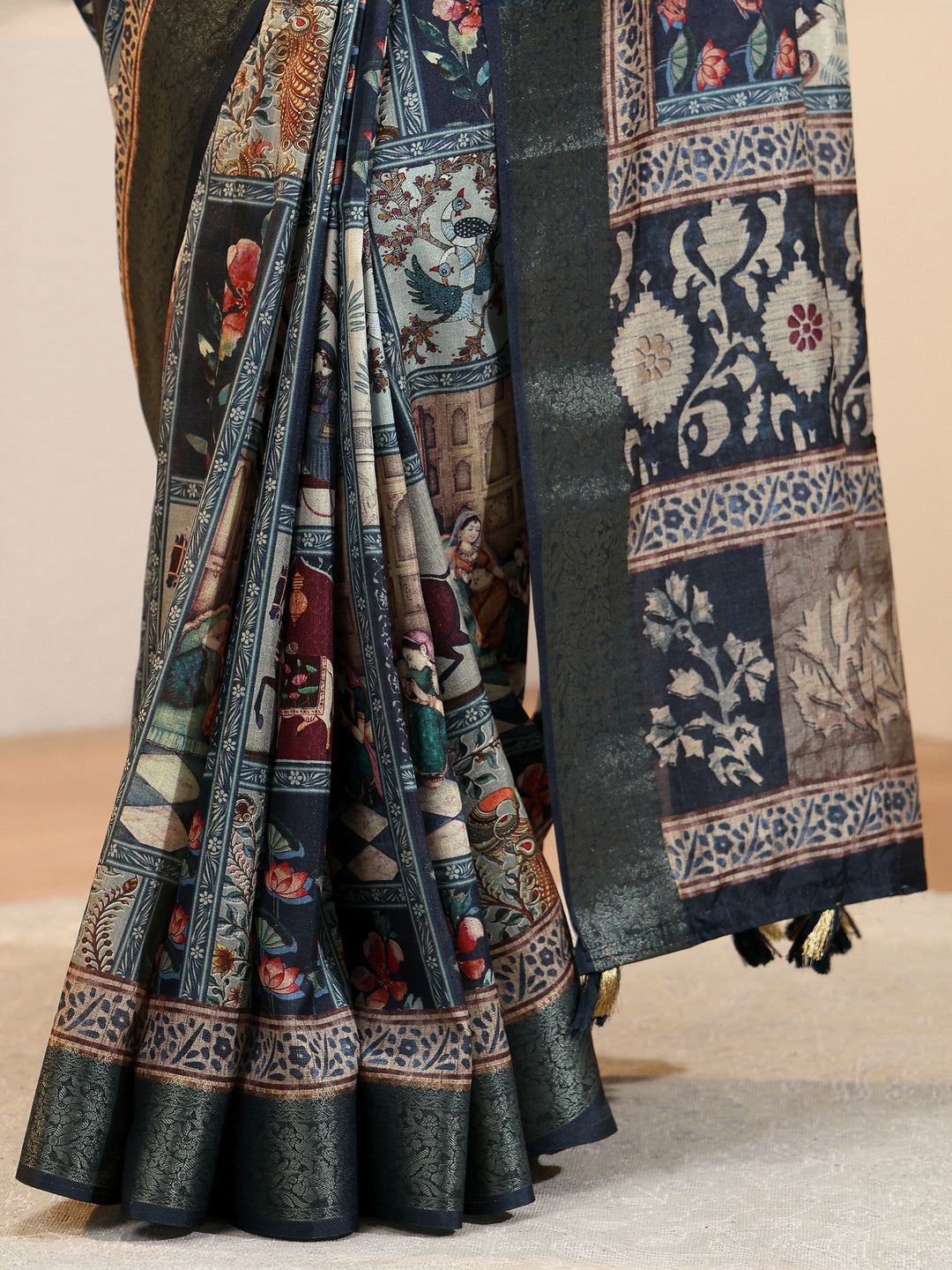 Navy Blue Mughal Print Silk Blend Saree