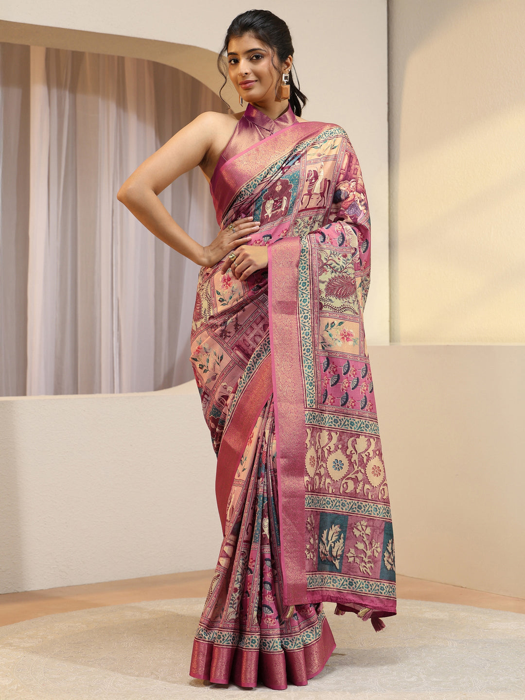 Pink Mughal Print Silk Blend Saree
