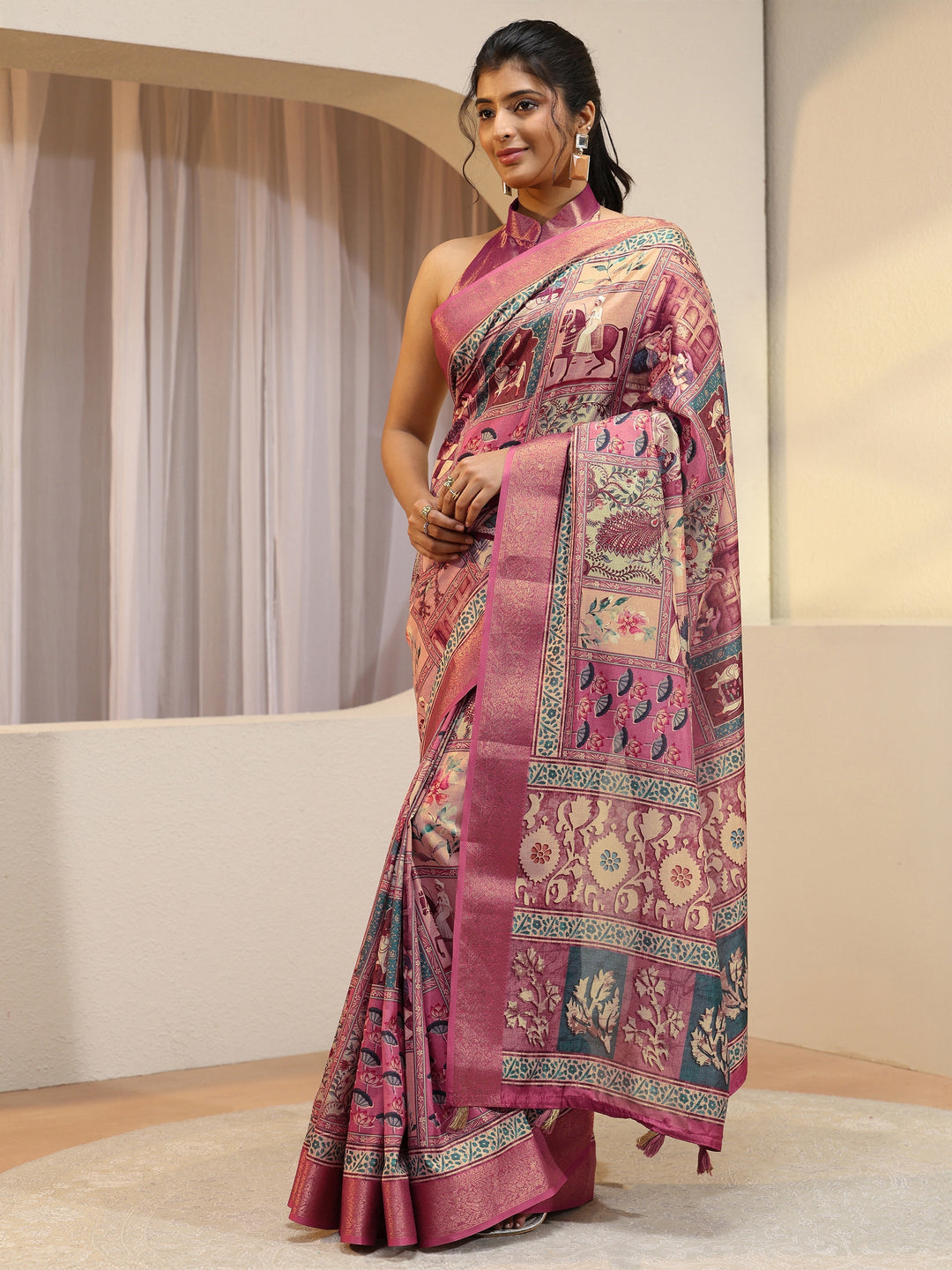 Pink Mughal Print Silk Blend Saree