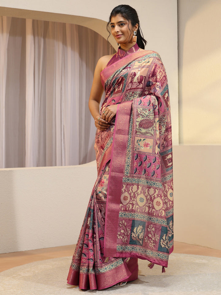 Pink Mughal Print Silk Blend Saree
