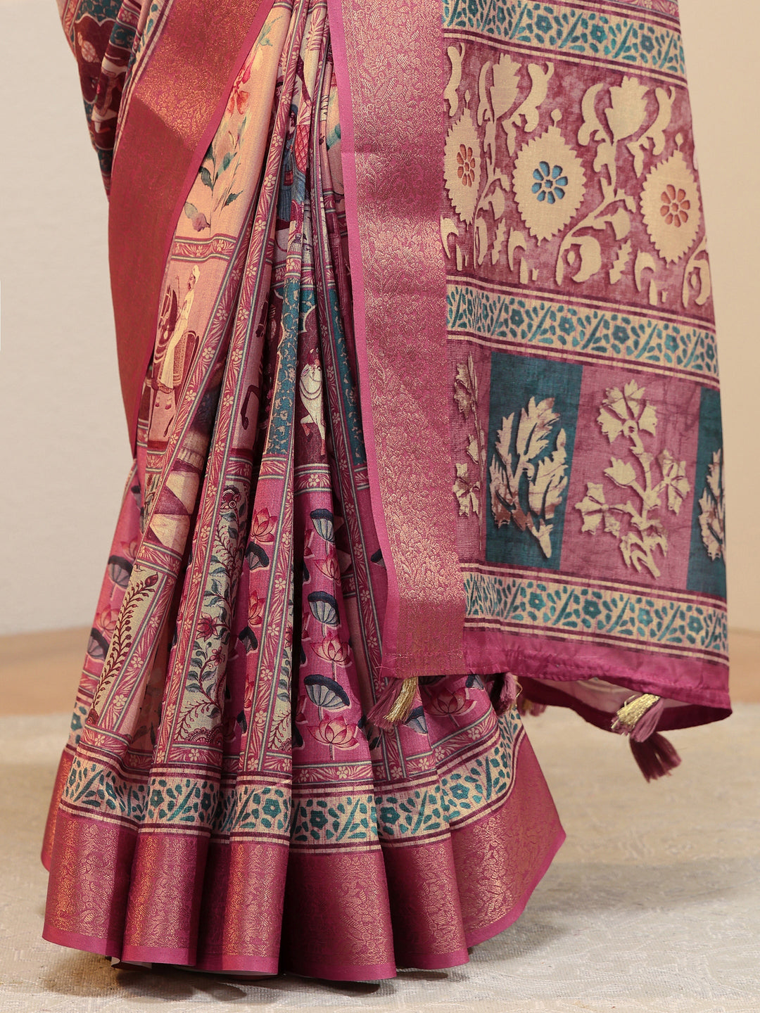 Pink Mughal Print Silk Blend Saree