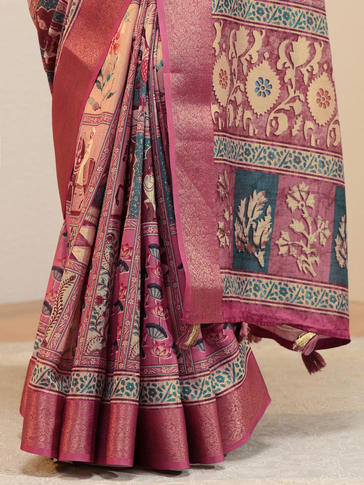 Pink Mughal Print Silk Blend Saree