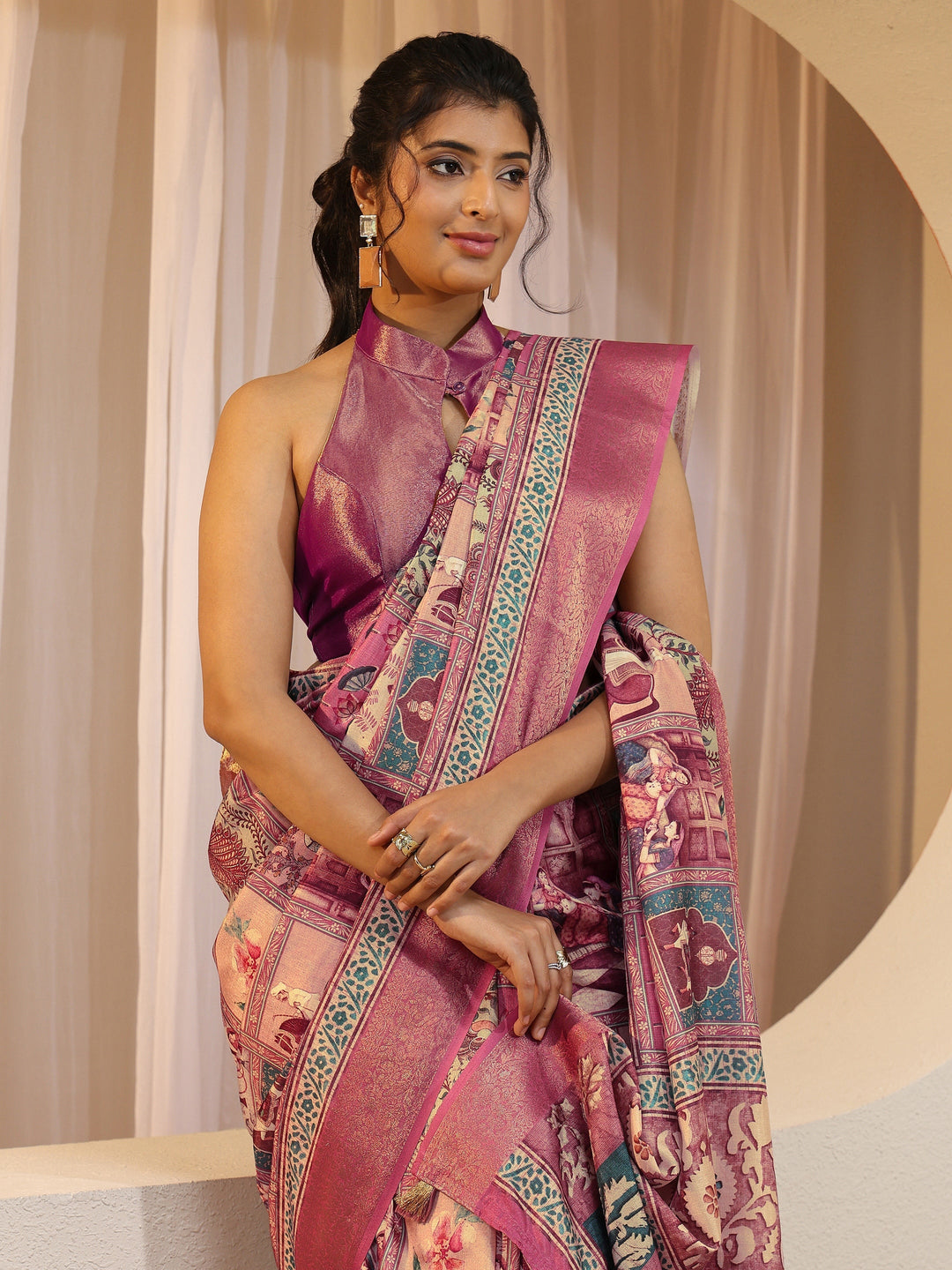 Pink Mughal Print Silk Blend Saree