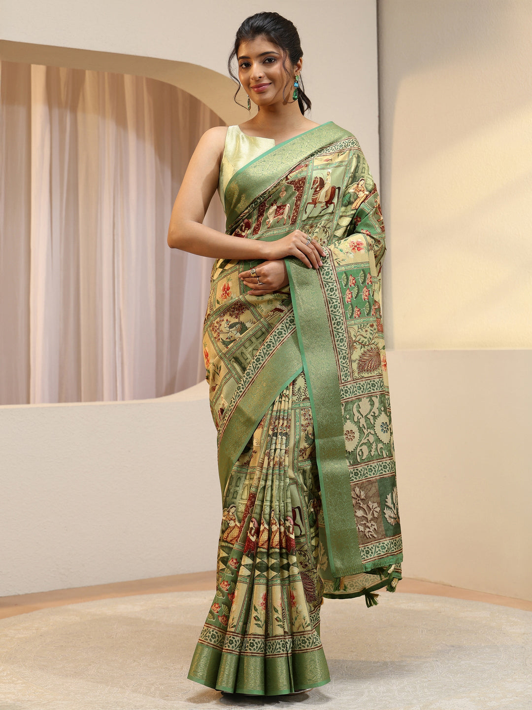 Sage Green Mughal Print Silk Blend Saree