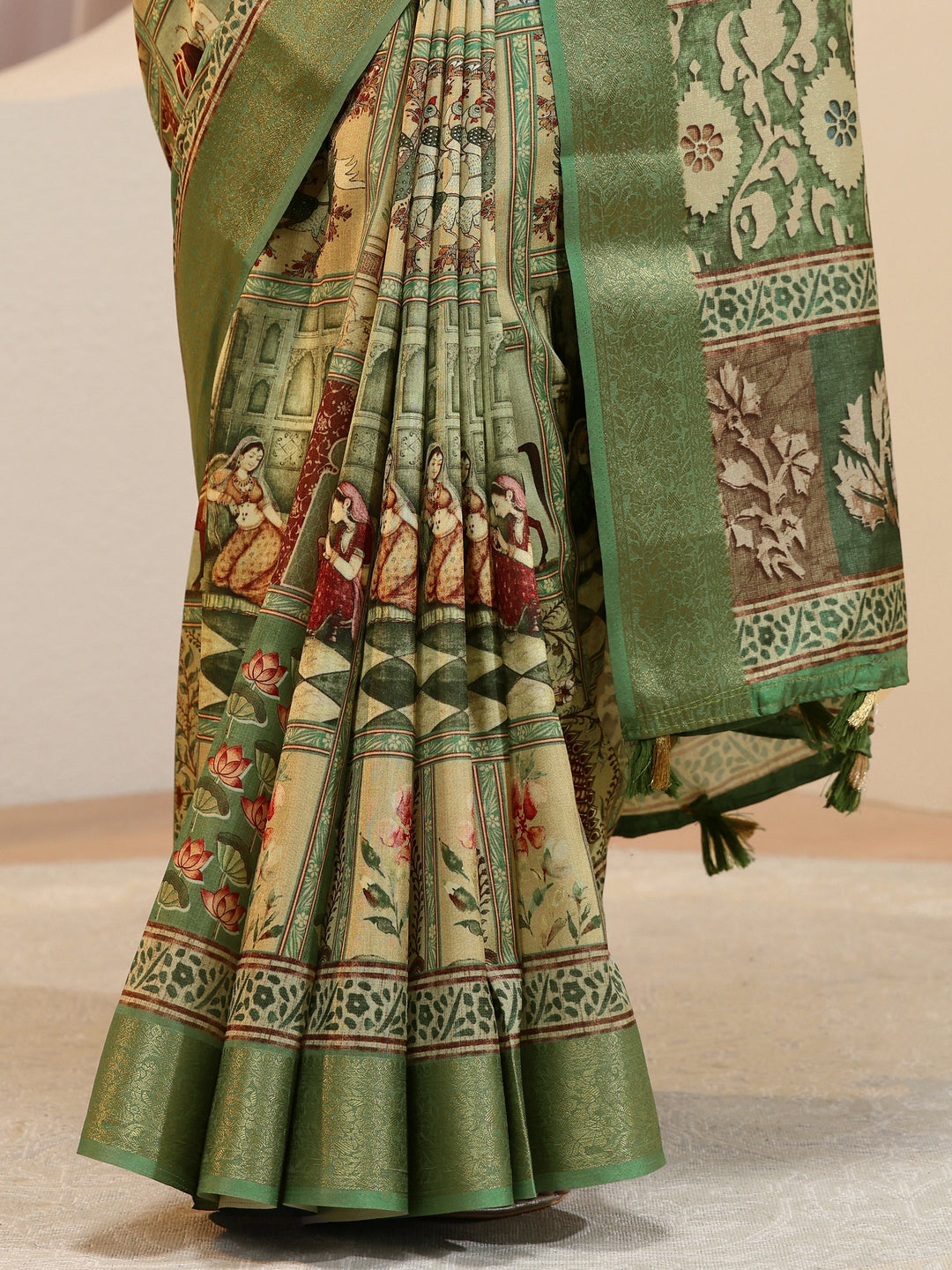 Sage Green Mughal Print Silk Blend Saree