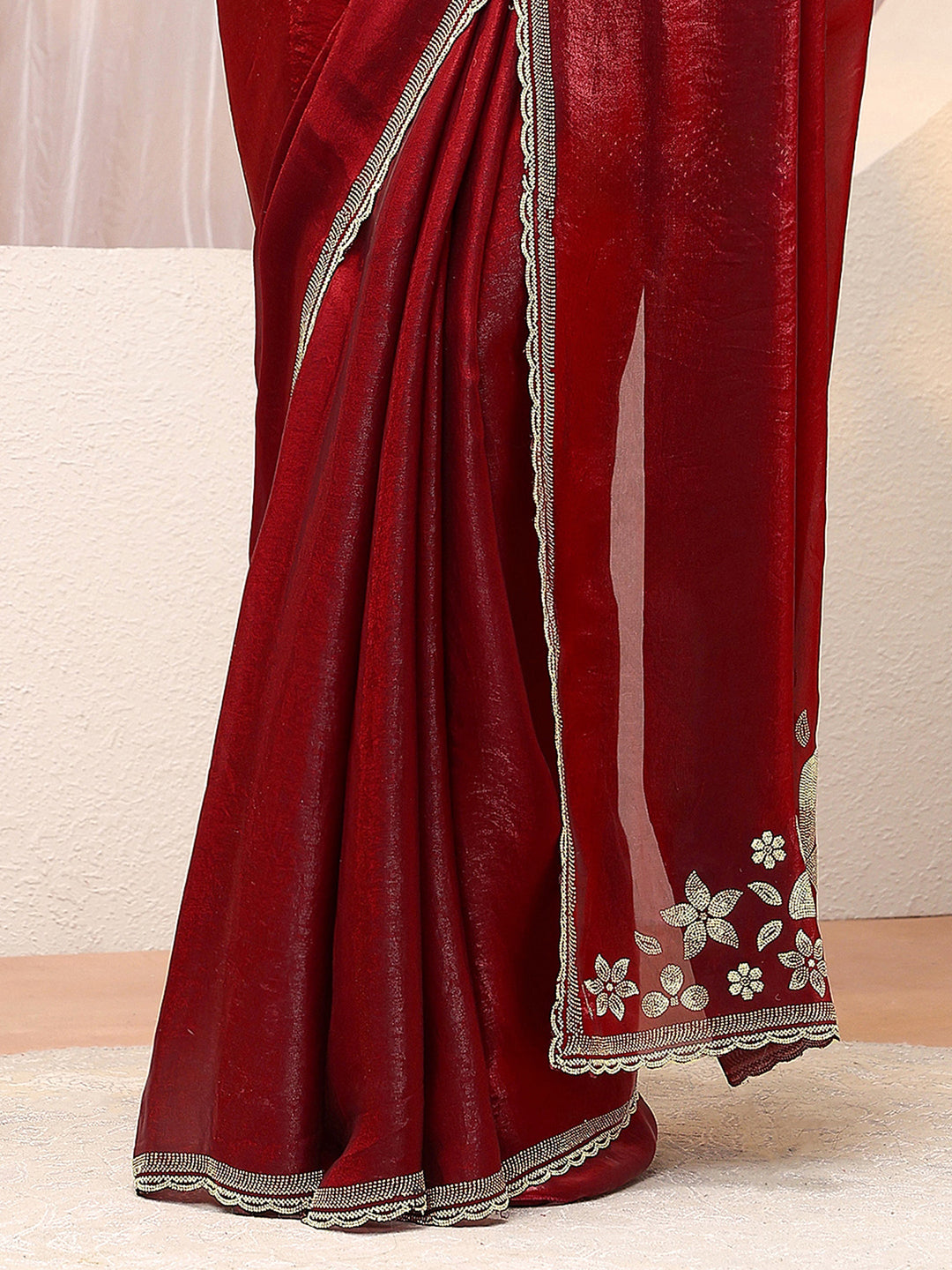 Maroon Floral Embellished Tissue Saree