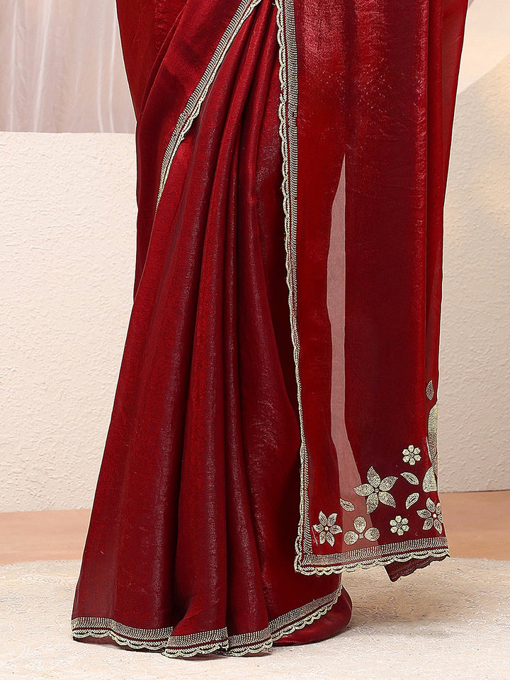 Maroon Floral Embellished Tissue Saree