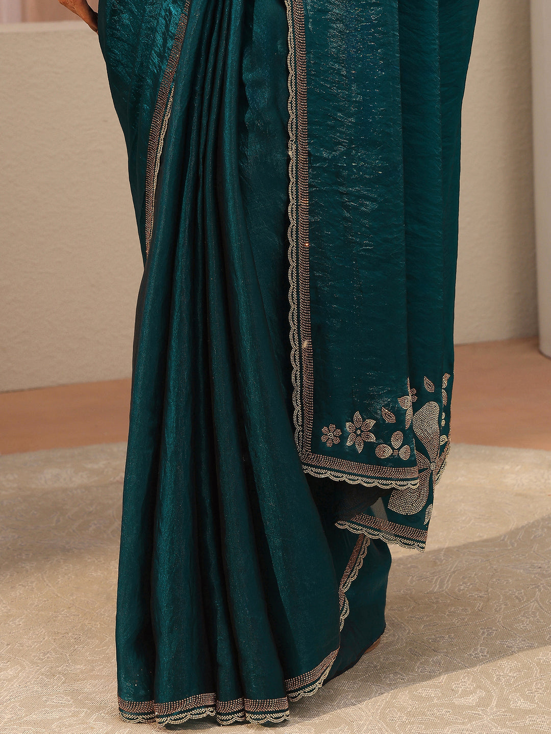 Blue Floral Embellished Tissue Saree