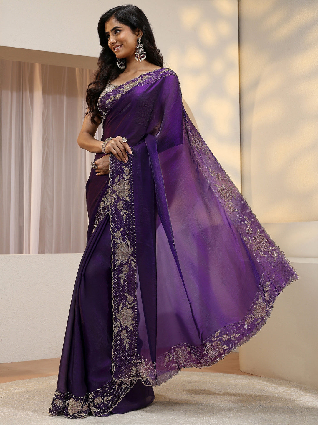 Libas Art Violet  Tissue Saree With Embellished Border