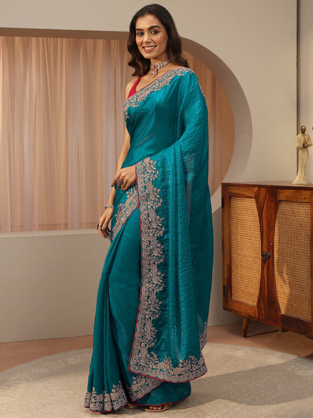 Cerulean Blue Tissue Saree With Embellished Border