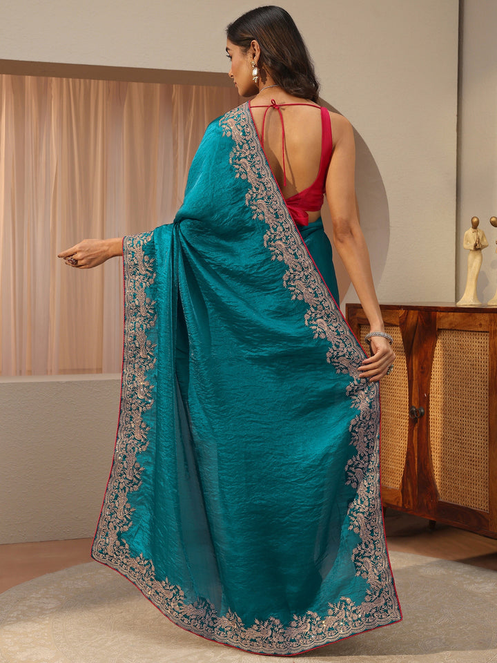 Cerulean Blue Tissue Saree With Embellished Border