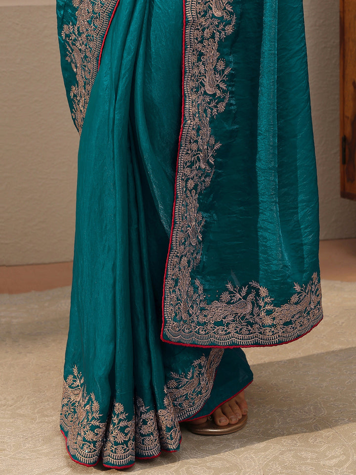 Cerulean Blue Tissue Saree With Embellished Border