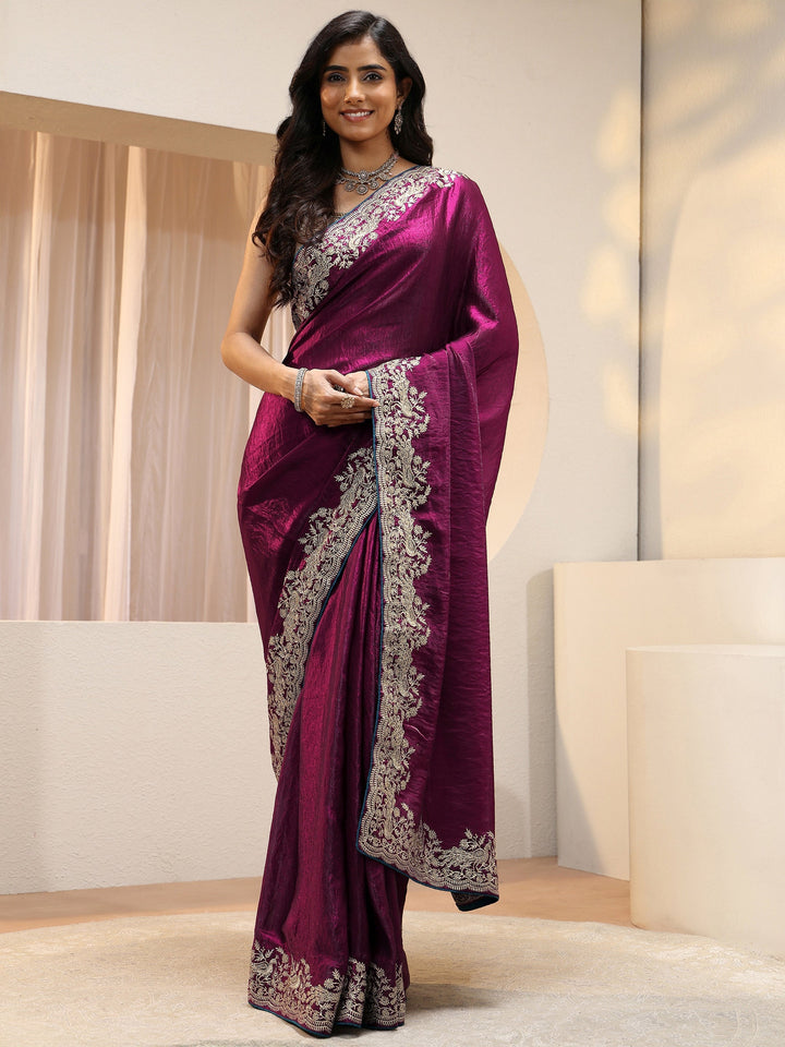 Burgundy Tissue Saree With Embellished Border