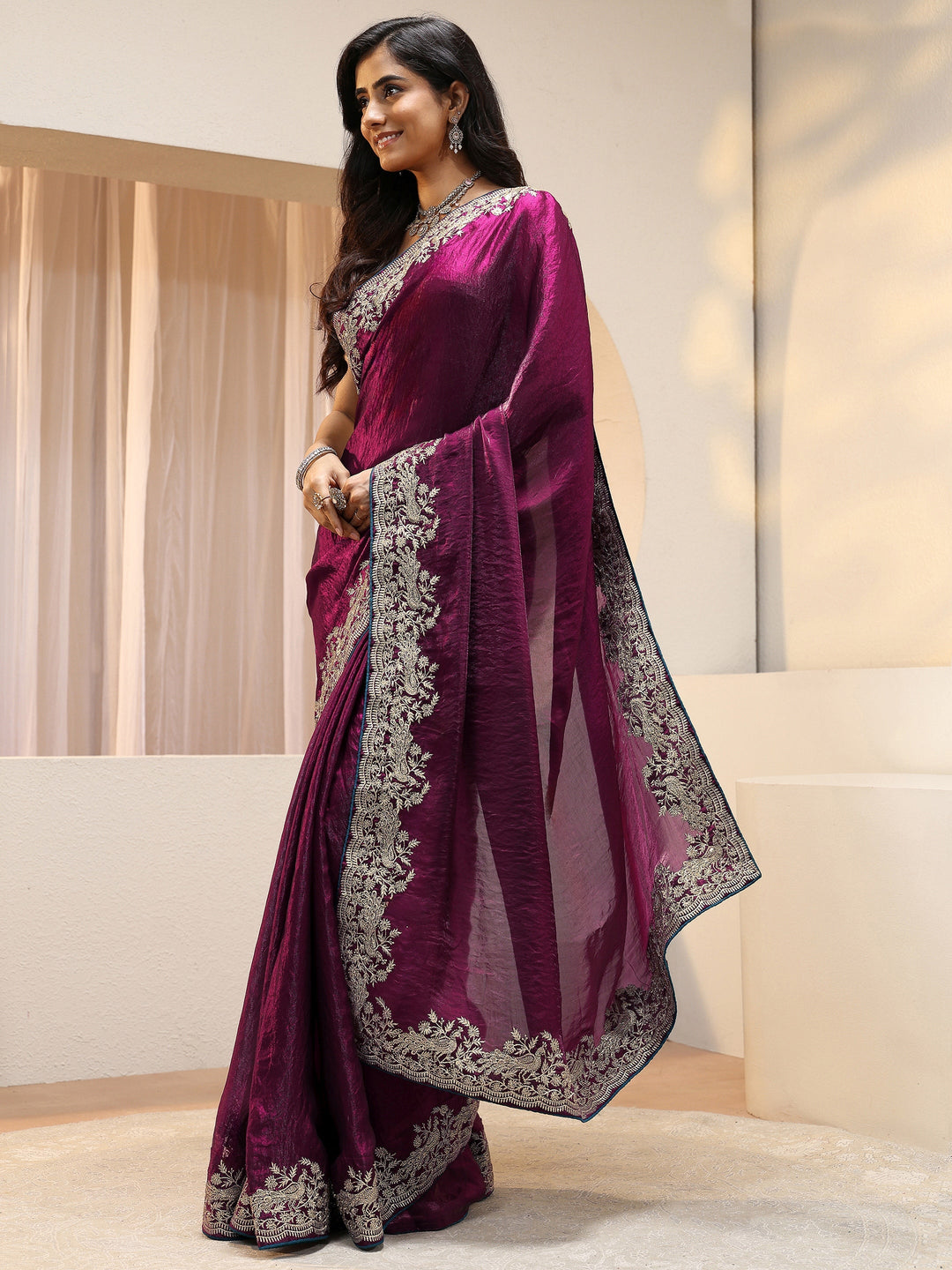 Burgundy Tissue Saree With Embellished Border