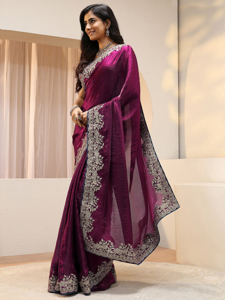Burgundy Tissue Saree With Embellished Border