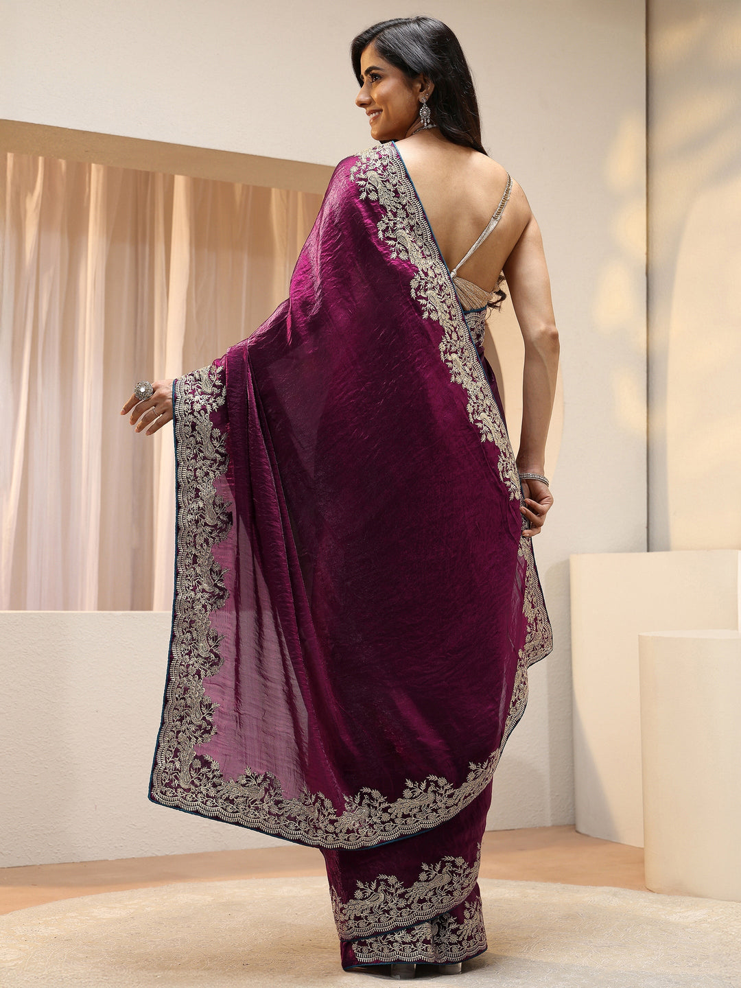 Burgundy Tissue Saree With Embellished Border