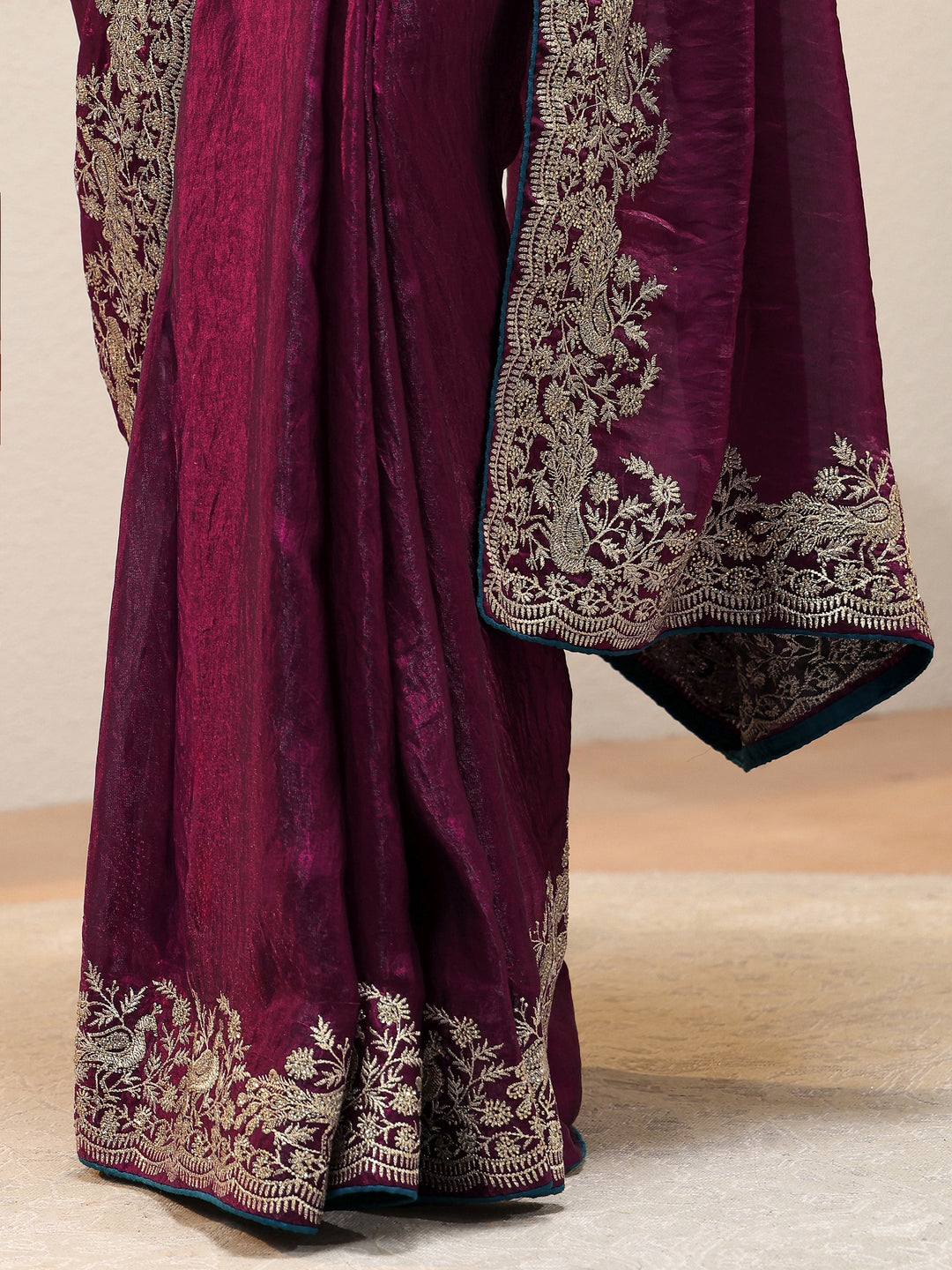 Burgundy Tissue Saree With Embellished Border