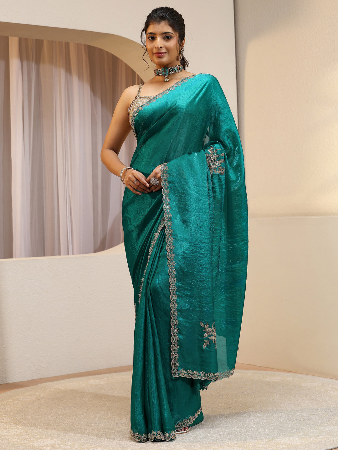 Green Floral Embellished Tissue Saree