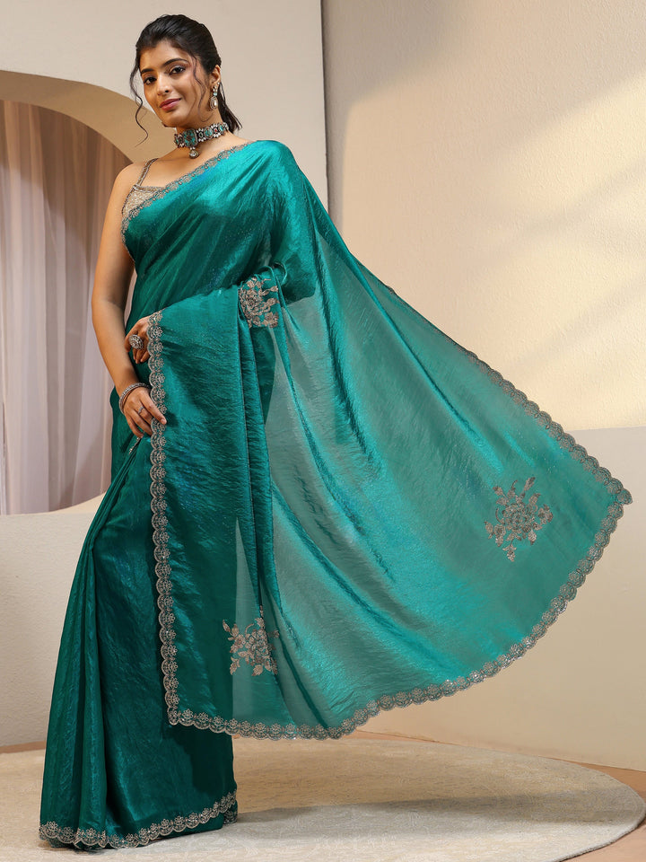 Green Floral Embellished Tissue Saree