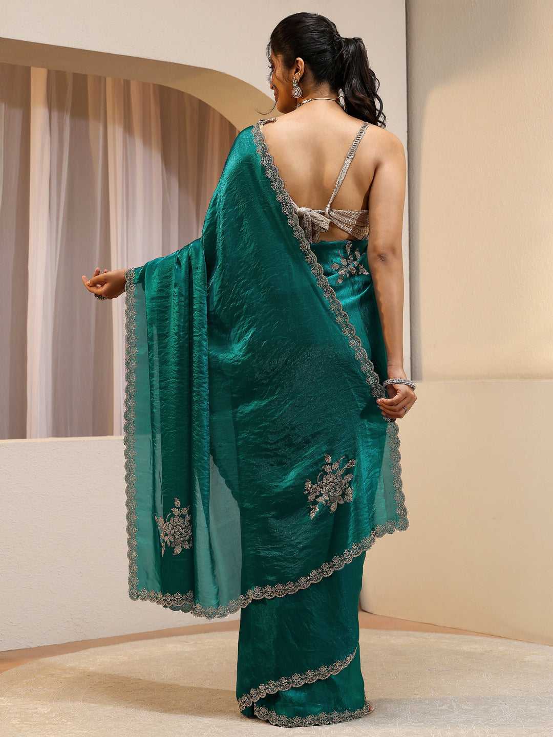 Green Floral Embellished Tissue Saree