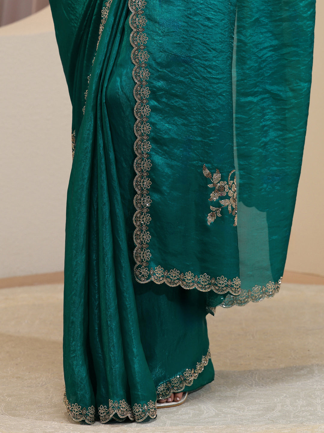 Green Floral Embellished Tissue Saree