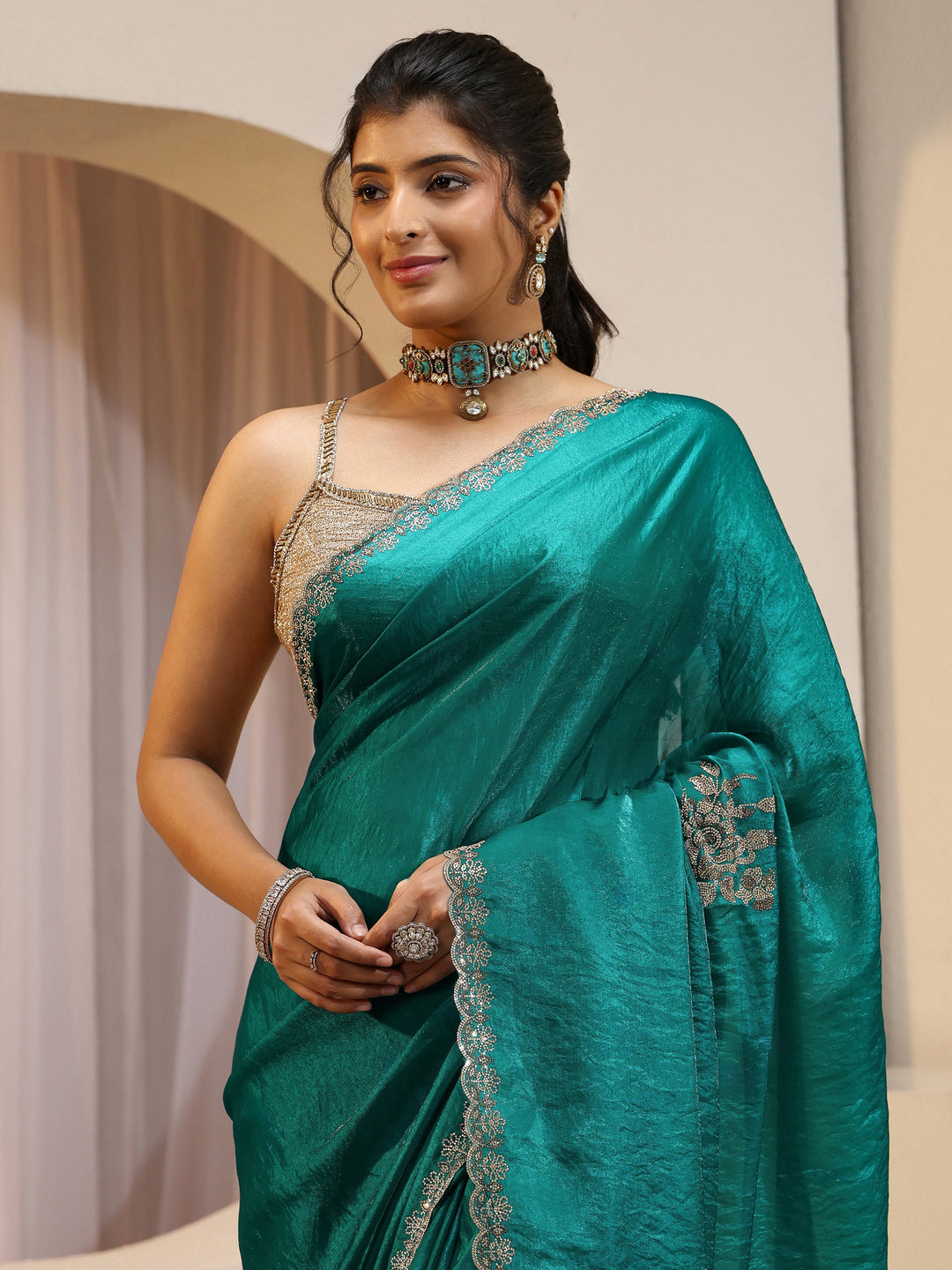 Green Floral Embellished Tissue Saree