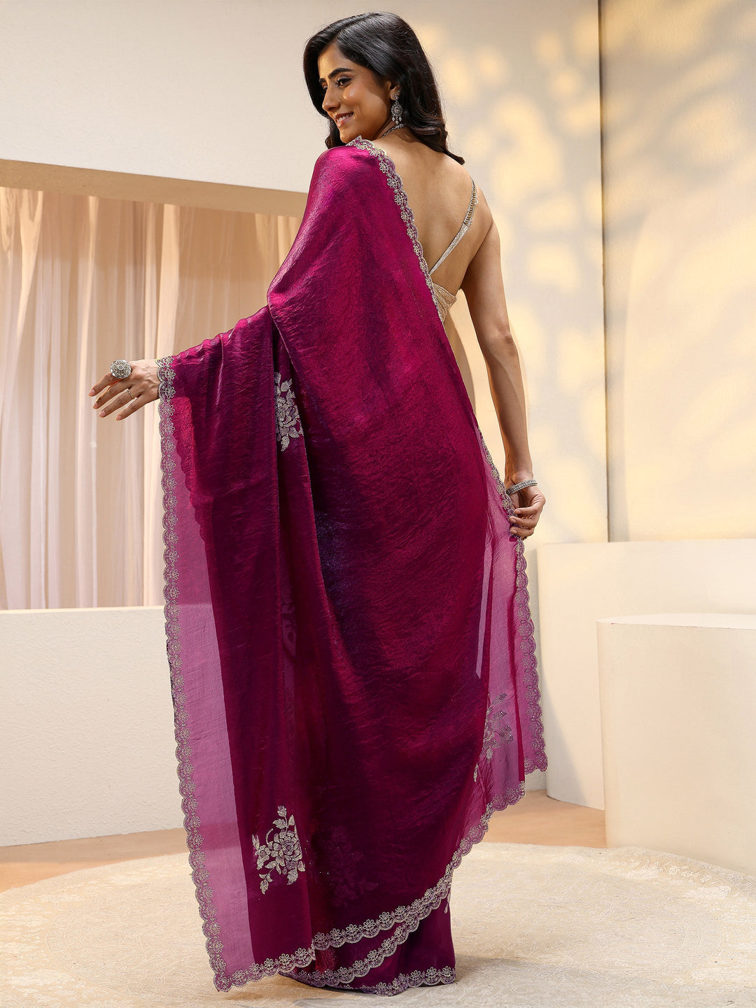 Burgundy Floral Embellished Tissue Saree