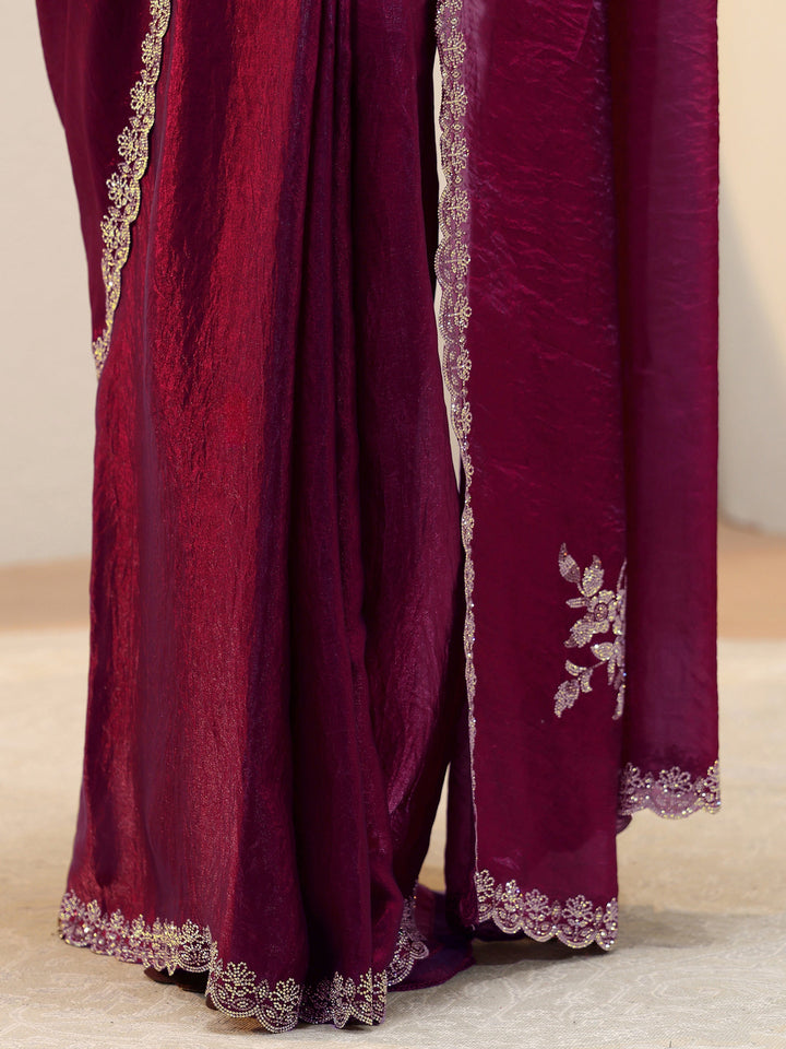 Burgundy Floral Embellished Tissue Saree