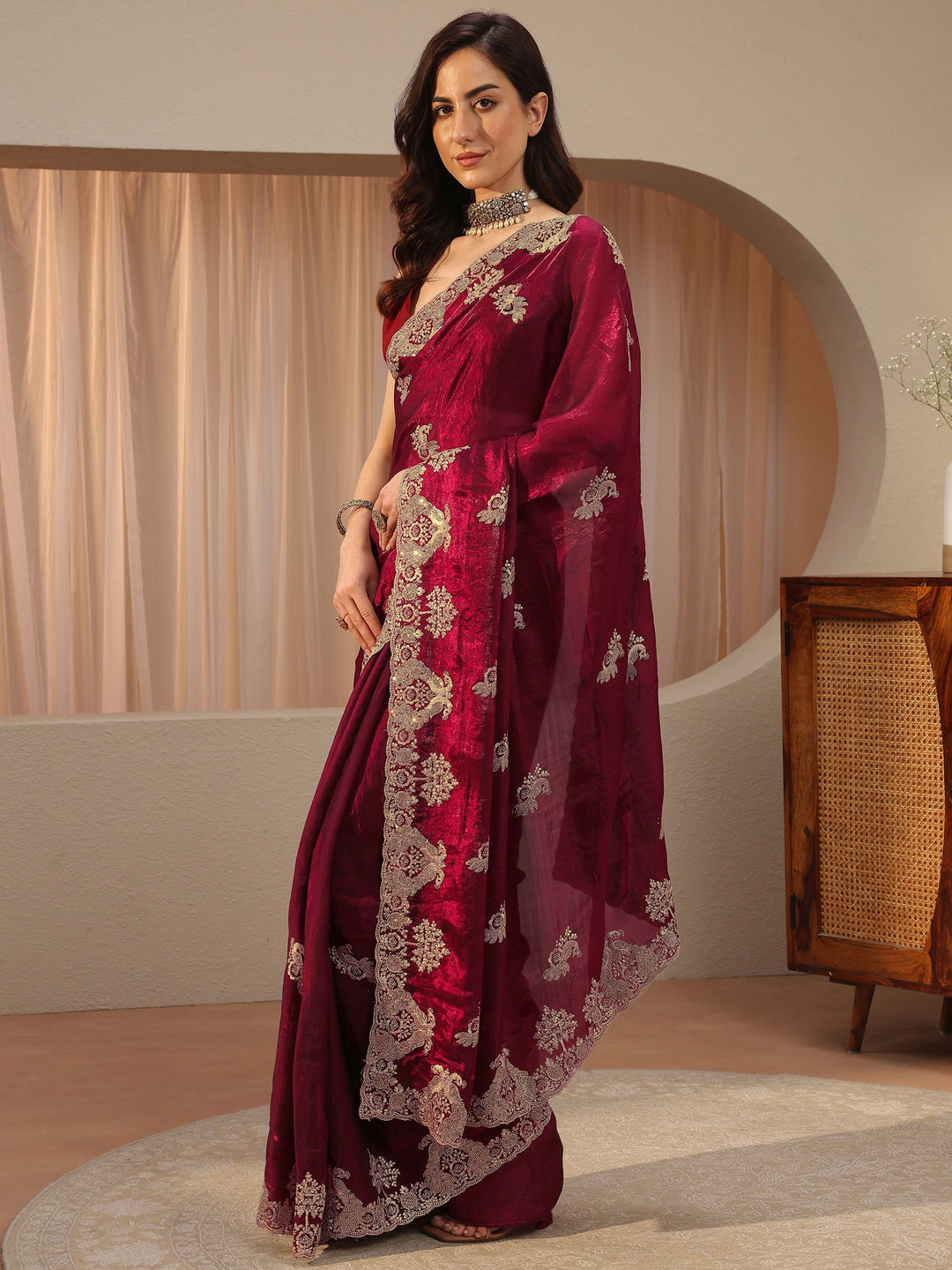 Maroon Peacock Embroidered Tissue Saree