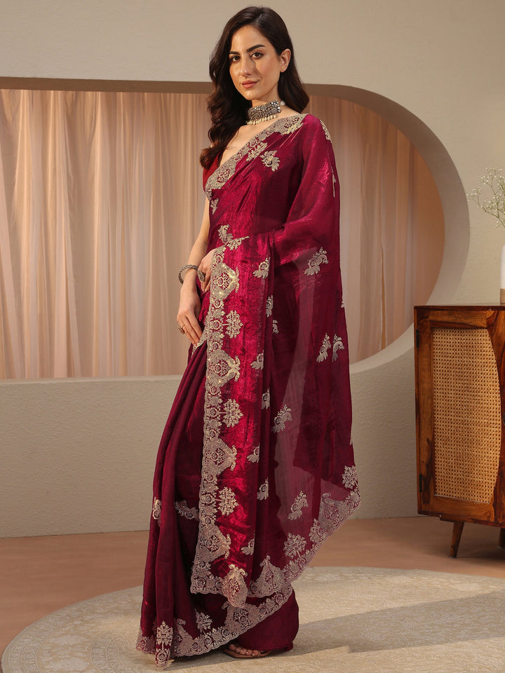 Maroon Peacock Embroidered Tissue Saree