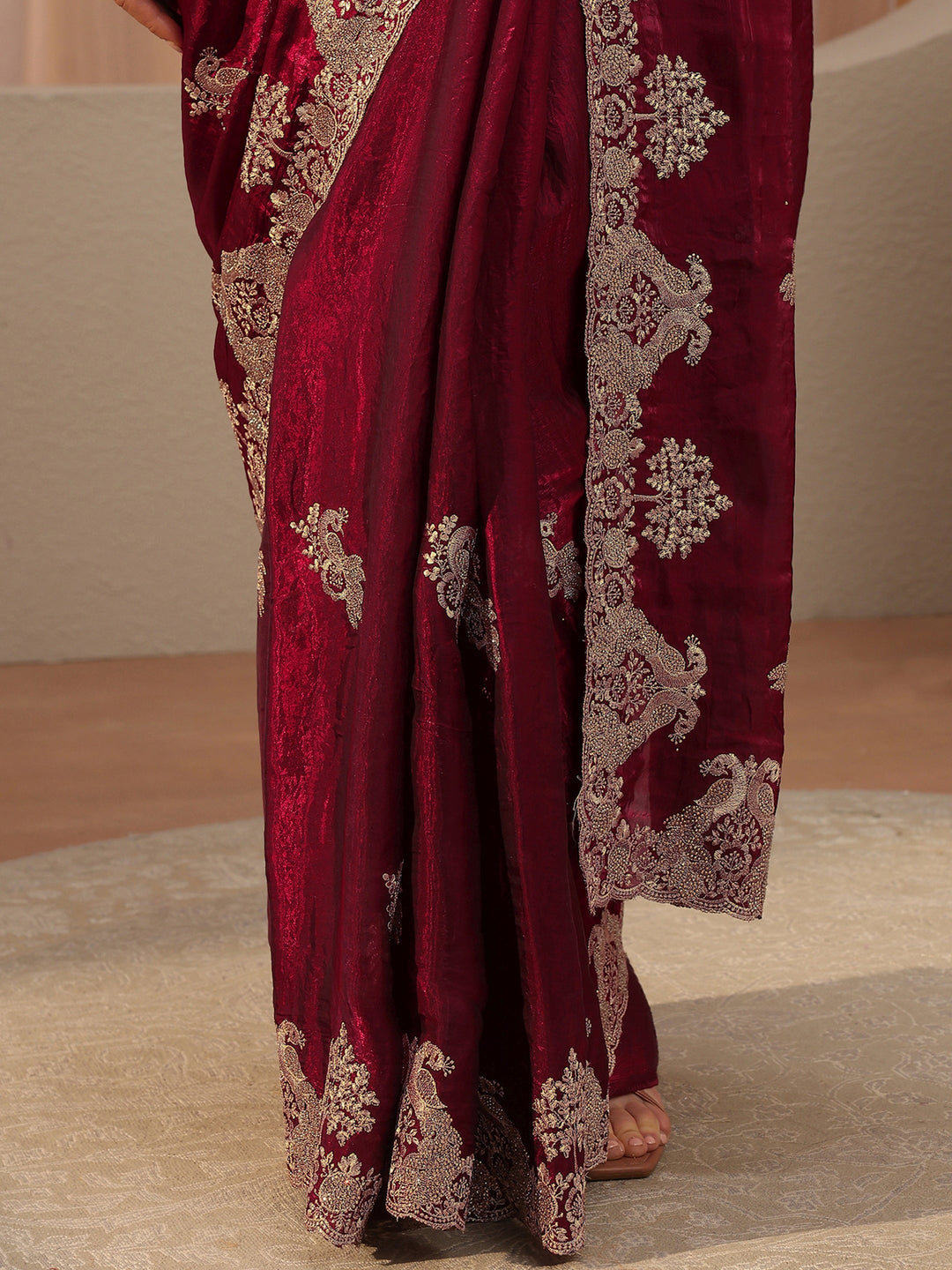 Maroon Peacock Embroidered Tissue Saree