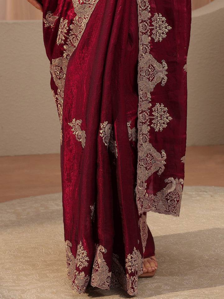 Maroon Peacock Embroidered Tissue Saree