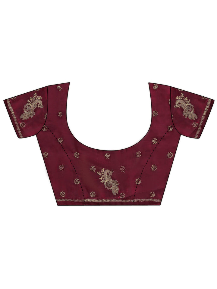 Maroon Peacock Embroidered Tissue Saree