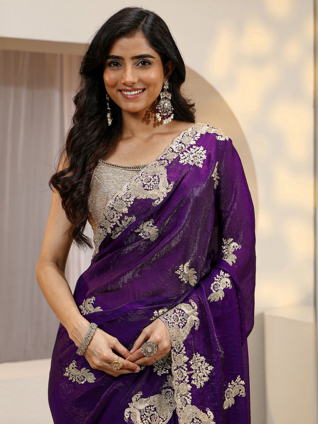 Aubergine Peacock Embroidered Tissue Saree