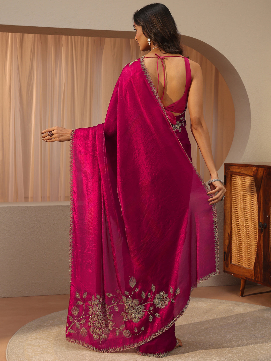 Libas Pink Floral Embellished Tissue Saree