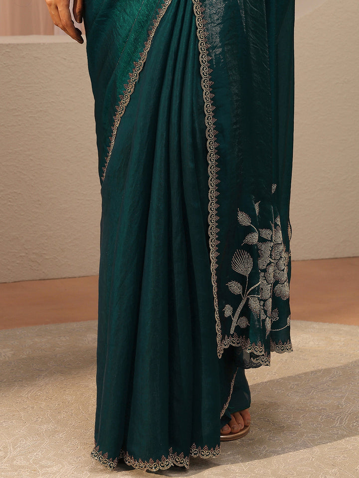 Green Floral Embellished Tissue Saree
