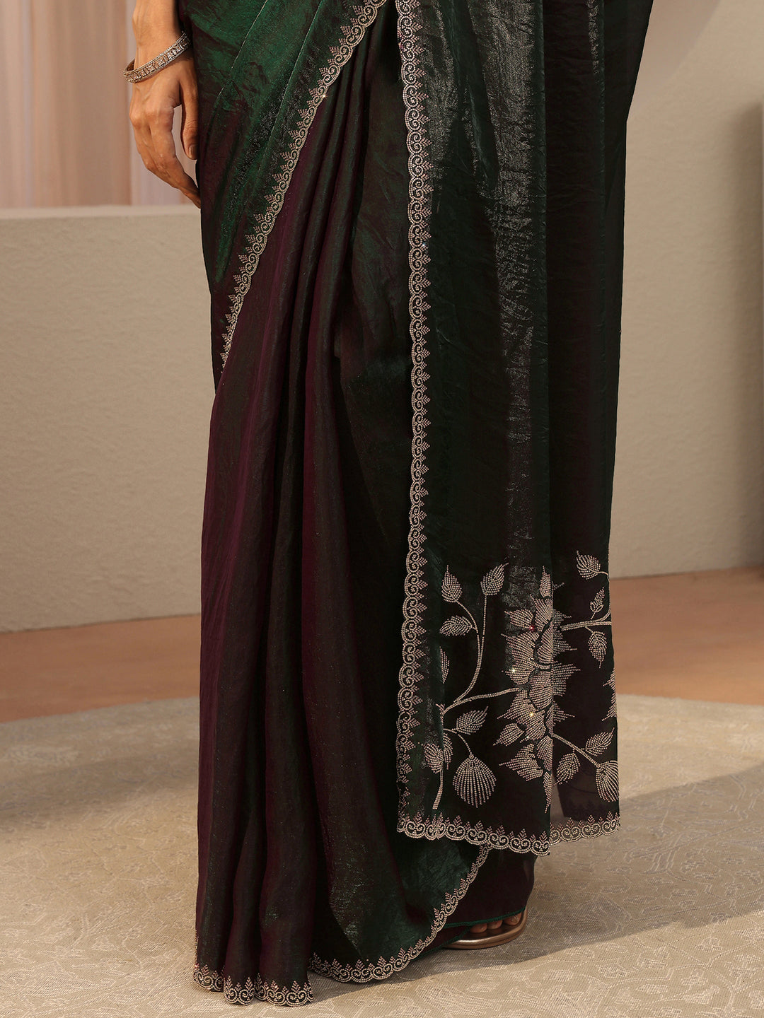 Burgundy Floral Embellished Tissue Saree