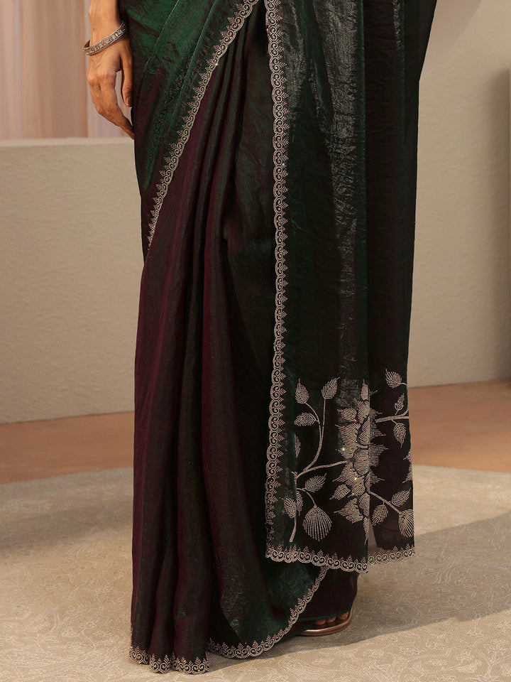 Burgundy Floral Embellished Tissue Saree