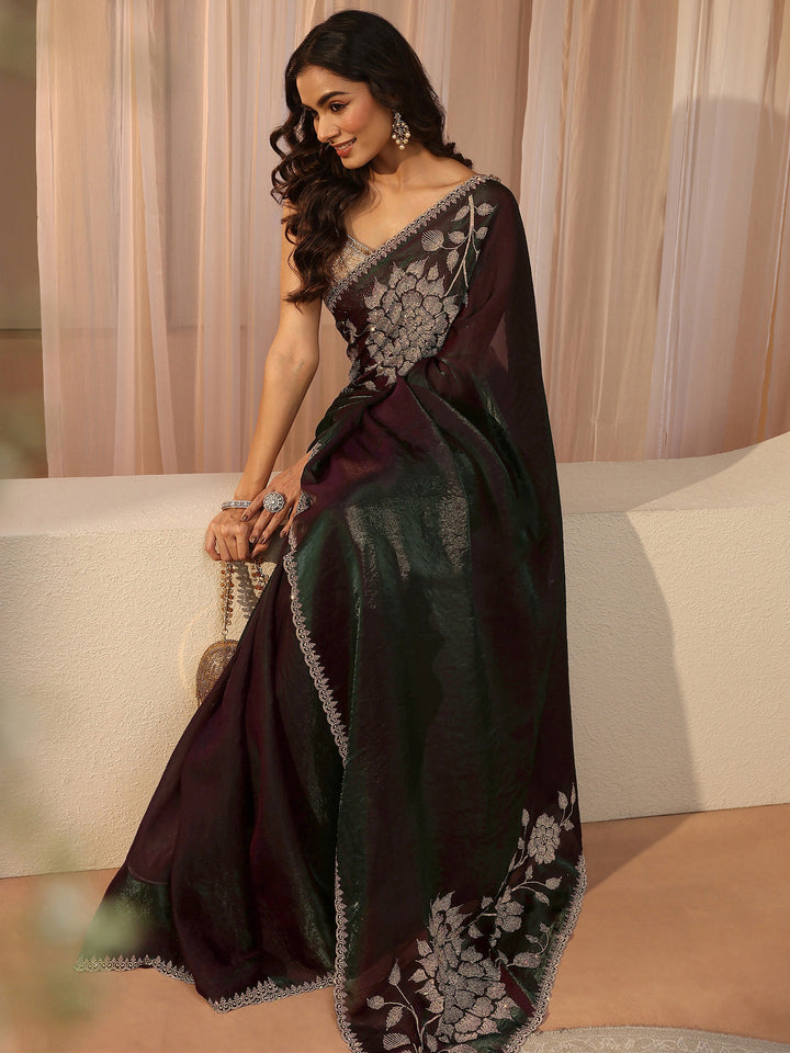 Burgundy Floral Embellished Tissue Saree