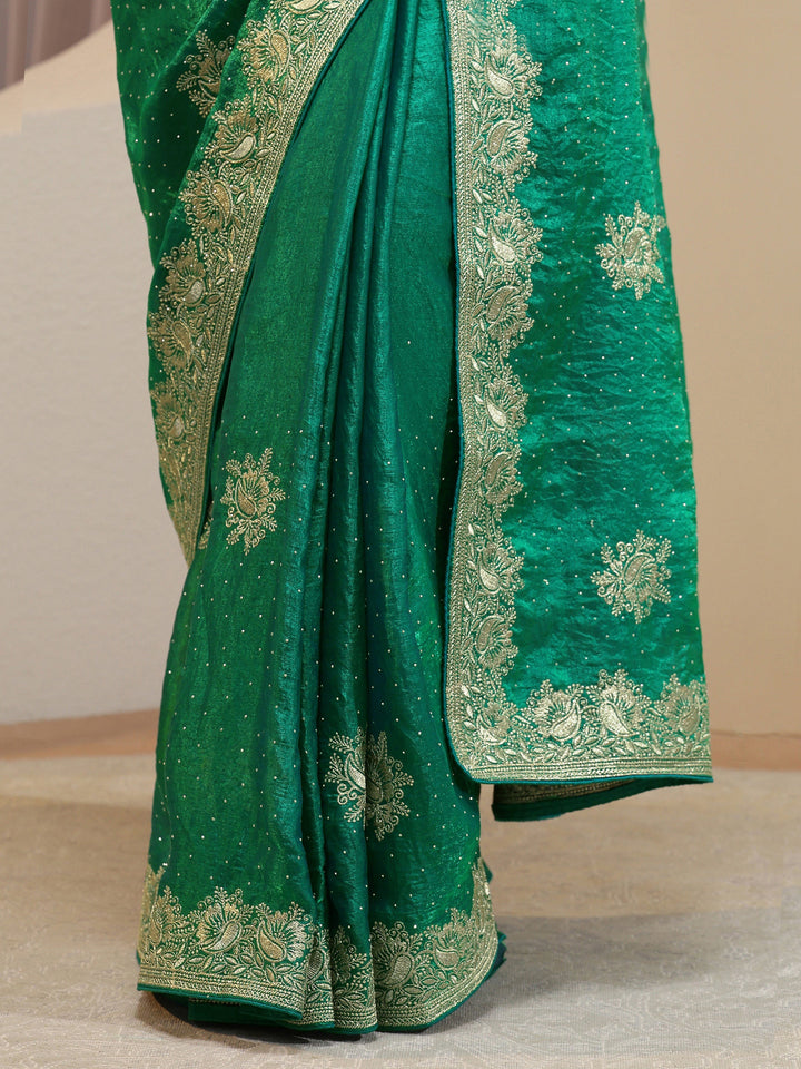 Sea Green Floral Embroidered Tissue Saree