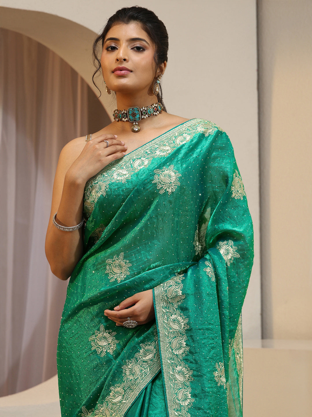 Sea Green Floral Embroidered Tissue Saree