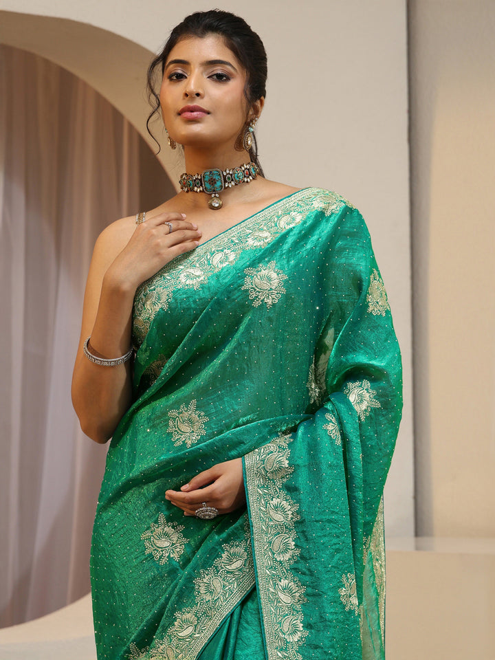 Sea Green Floral Embroidered Tissue Saree