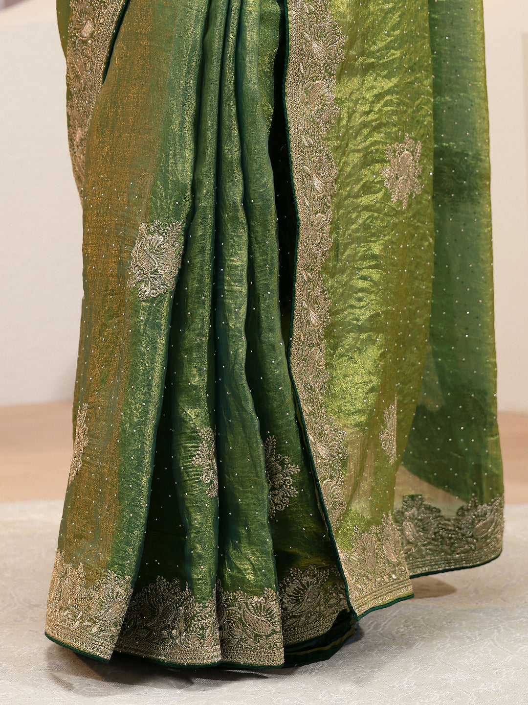 Fern Green Floral Embroidered Tissue Saree