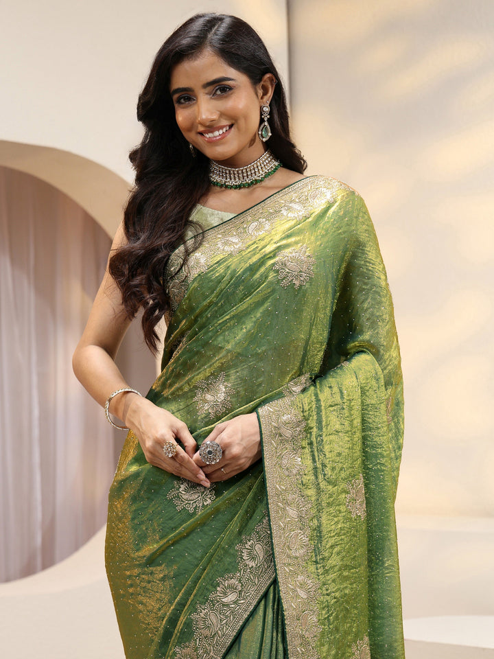 Fern Green Floral Embroidered Tissue Saree